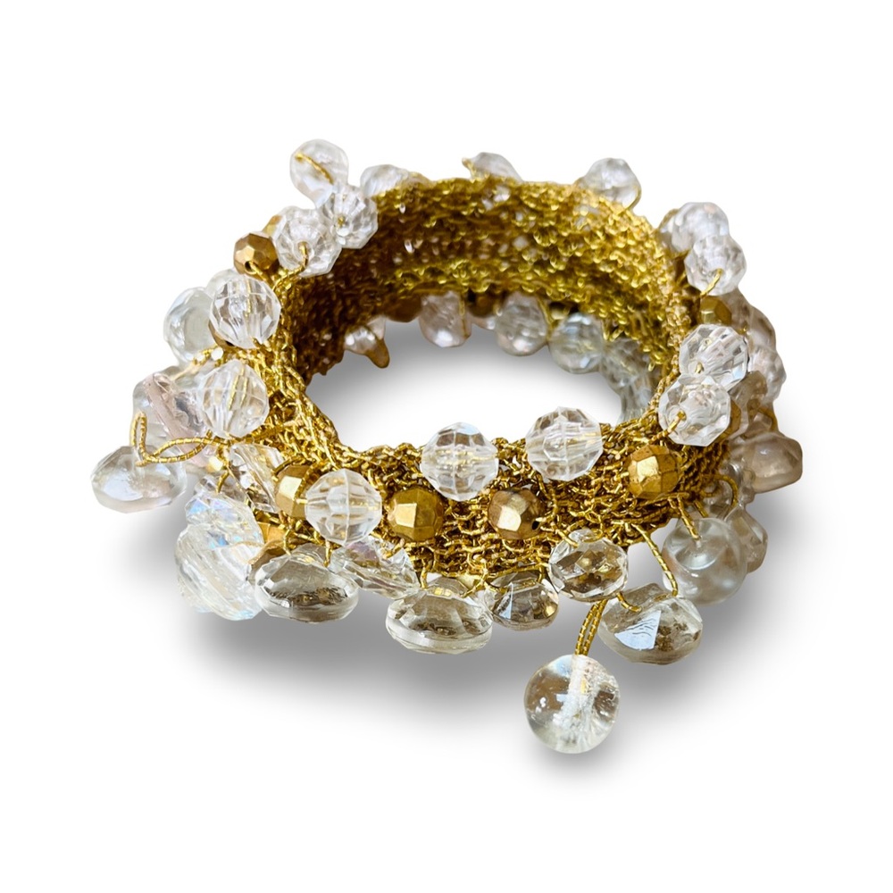 Handmade Gold Metallic Crochet Clear Beaded   Vintage Bracelet